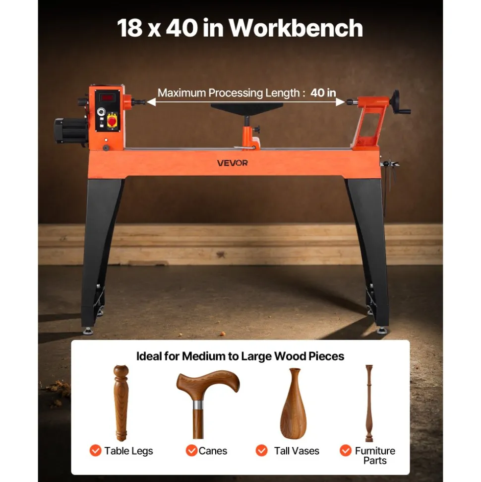 VEVOR Woodworking Lathe, 2 HP, Wood Lathe Machine with 0 to 3200 RPM Variable Speed, 18 x 40 in Workbench, Brushless DC Motor, Cast Iron Body, Tool Rest, for Medium to Large Projects Woodworking