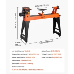 VEVOR Woodworking Lathe, 2 HP, Wood Lathe Machine with 0 to 3200 RPM Variable Speed, 18 x 40 in Workbench, Brushless DC Motor, Cast Iron Body, Tool Rest, for Medium to Large Projects Woodworking
