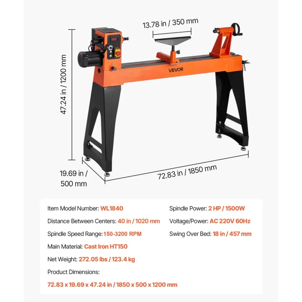 VEVOR Woodworking Lathe, 2 HP, Wood Lathe Machine with 0 to 3200 RPM Variable Speed, 18 x 40 in Workbench, Brushless DC Motor, Cast Iron Body, Tool Rest, for Medium to Large Projects Woodworking