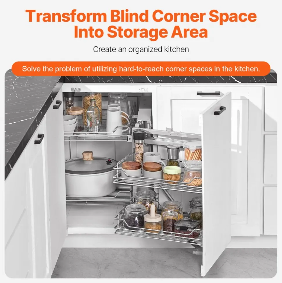 VEVOR 18"W Opening Blind Corner Pull Out Organizer, 2 Tier 4 Shelf Kitchen Cabinet Organizer, Magic Chrome Carbon Steel Storage Basket, Slide Out Storage Organizer, Left & Right Open Compatible