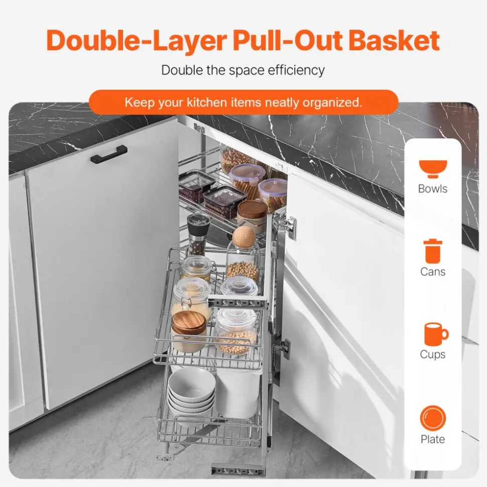 VEVOR 18"W Opening Blind Corner Pull Out Organizer, 2 Tier 4 Shelf Kitchen Cabinet Organizer, Magic Chrome Carbon Steel Storage Basket, Slide Out Storage Organizer, Left & Right Open Compatible