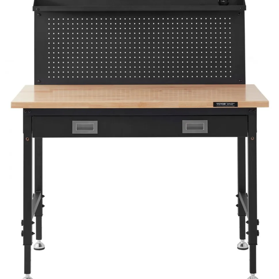 VEVOR Workbench Adjustable Height 28-39.5" Work Bench For Garage Oak Plank & Carbon Steel Heavy Duty Workbench 2000lbs Weight Capacity Bench top Size 48x24" Hardwood Workbench 3m Cable 30 Hooks