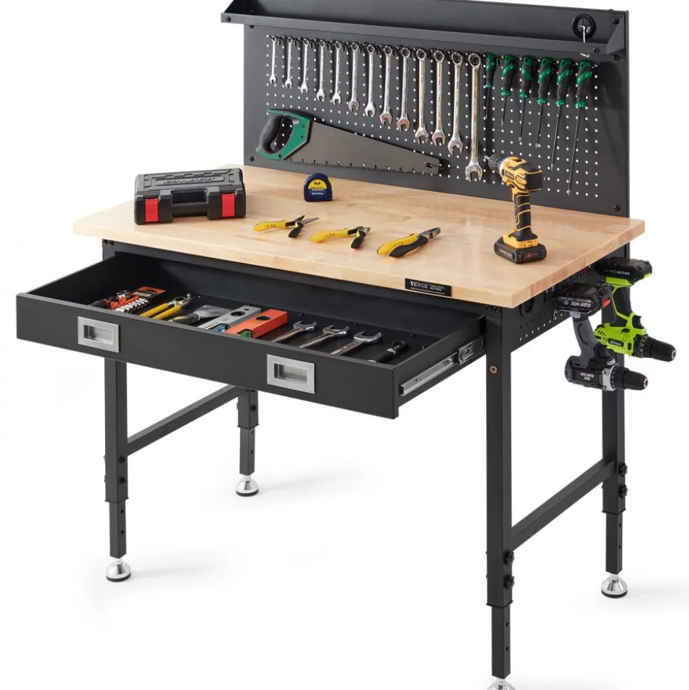 VEVOR Workbench Adjustable Height 28-39.5" Work Bench For Garage Oak Plank & Carbon Steel Heavy Duty Workbench 2000lbs Weight Capacity Bench top Size 48x24" Hardwood Workbench 3m Cable 30 Hooks