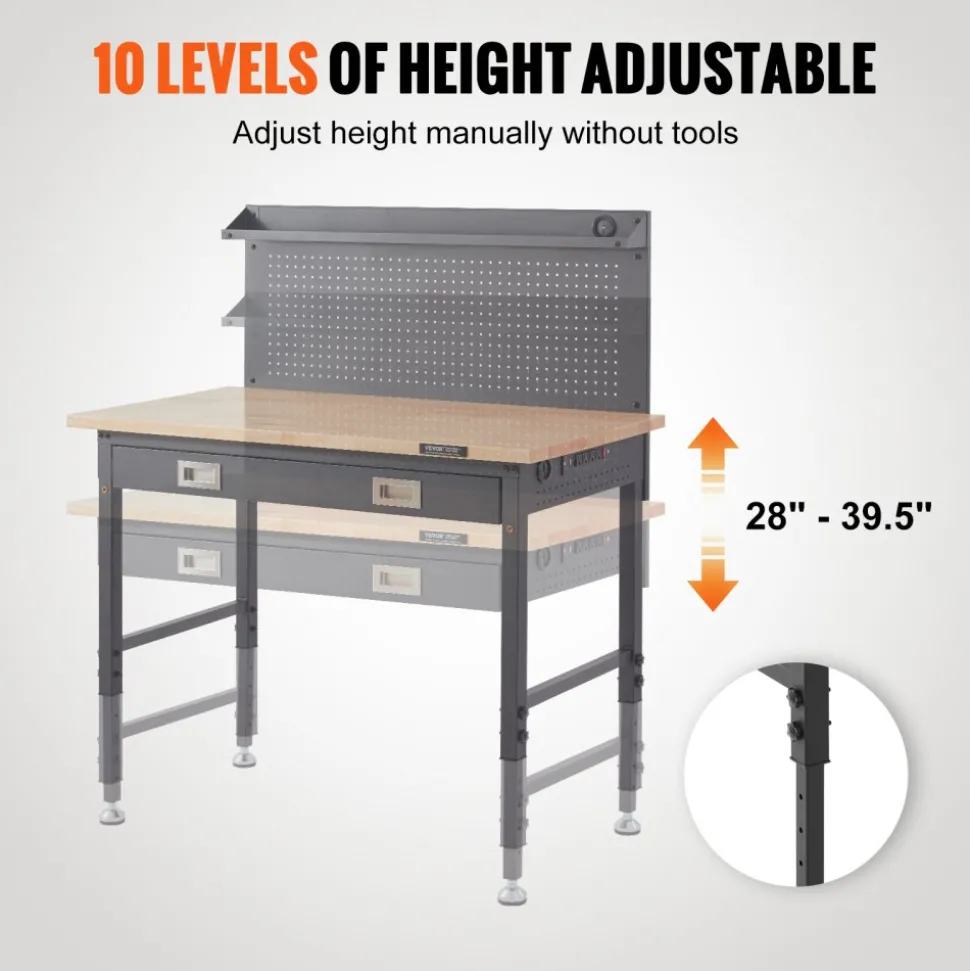 VEVOR Workbench Adjustable Height 28-39.5" Work Bench For Garage Oak Plank & Carbon Steel Heavy Duty Workbench 2000lbs Weight Capacity Bench top Size 48x24" Hardwood Workbench 3m Cable 30 Hooks