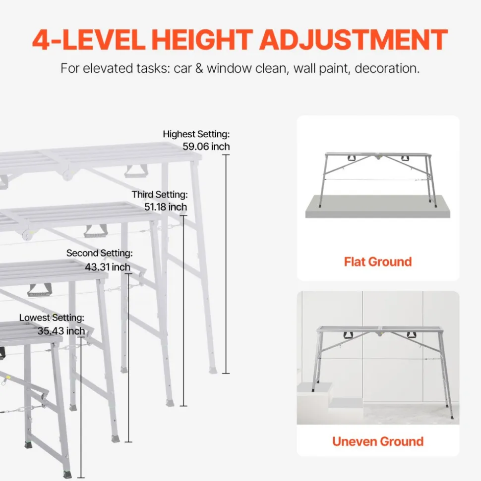 VEVOR Work Platform, 4 Gear Adjustable Height, Folding Alloy Steel Step Ladder, Portable Scaffolding Platform, 880 lb Load Capacity, Non-Slip Rubber Feet, Drywall Painting Stool, Cleaning & Washing
