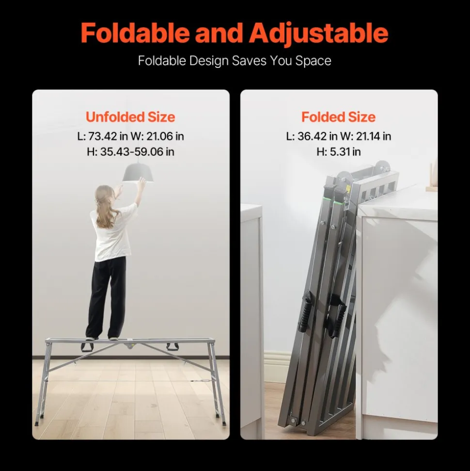 VEVOR Work Platform, 4 Gear Adjustable Height, Folding Alloy Steel Step Ladder, Portable Scaffolding Platform, 880 lb Load Capacity, Non-Slip Rubber Feet, Drywall Painting Stool, Cleaning & Washing