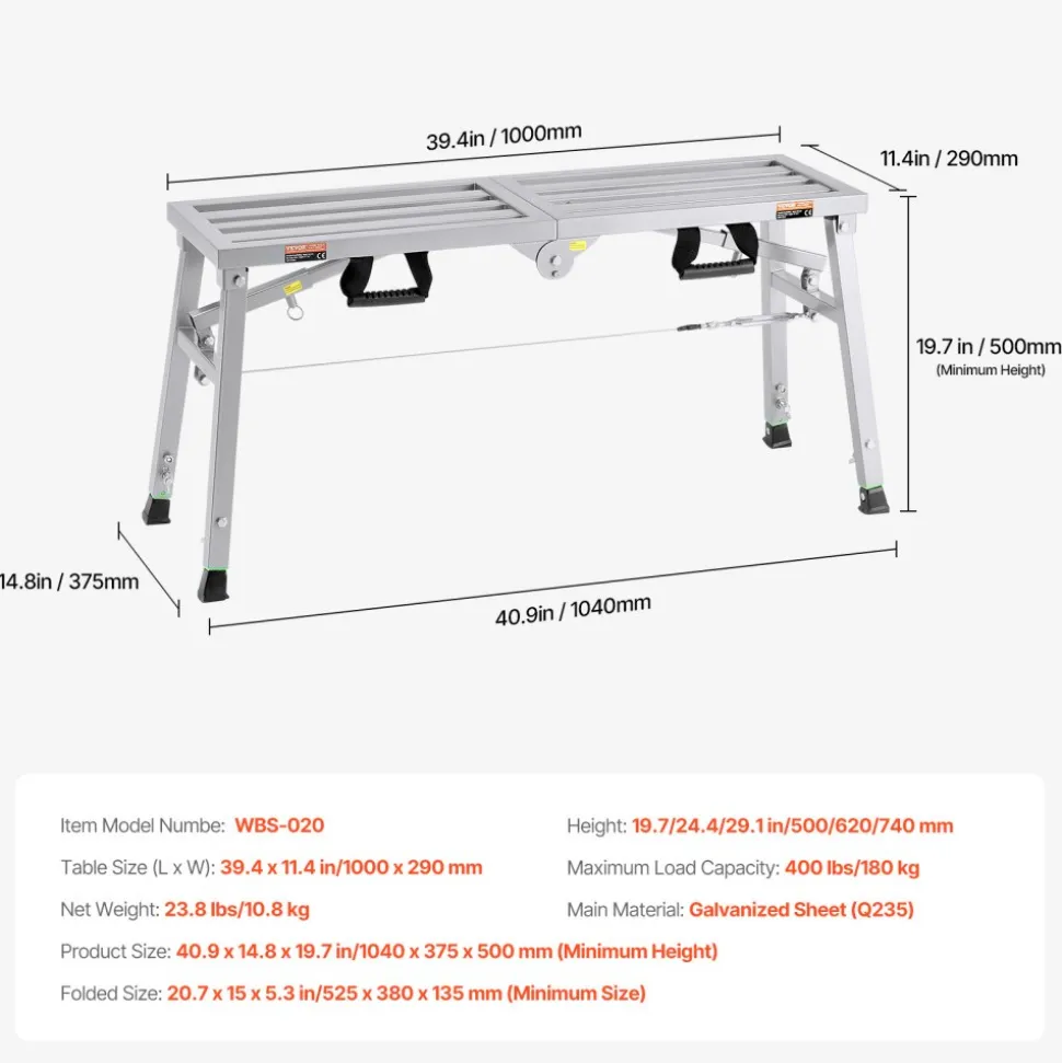 VEVOR Work Platform, 3 Gear Adjustable Height, Folding Alloy Steel Step Ladder, Portable Scaffolding Platform, 400 lb Load Capacity, Non-Slip Rubber Feet, Drywall Painting Stool, for Cleaning &Washing