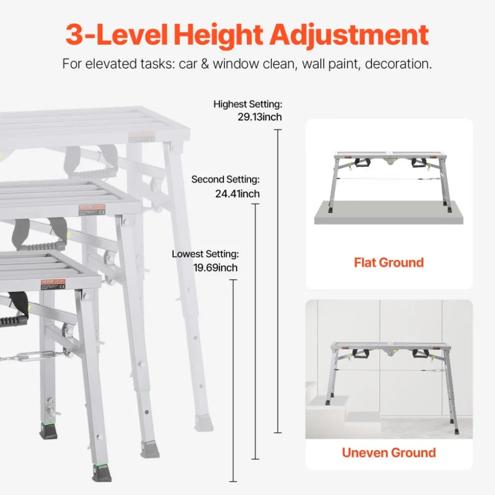 VEVOR Work Platform, 3 Gear Adjustable Height, Folding Alloy Steel Step Ladder, Portable Scaffolding Platform, 400 lb Load Capacity, Non-Slip Rubber Feet, Drywall Painting Stool, for Cleaning &Washing