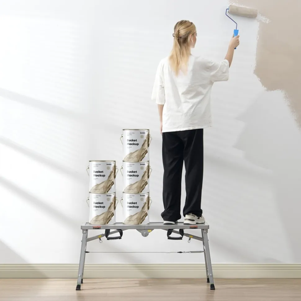 VEVOR Work Platform, 3 Gear Adjustable Height, Folding Alloy Steel Step Ladder, Portable Scaffolding Platform, 400 lb Load Capacity, Non-Slip Rubber Feet, Drywall Painting Stool, for Cleaning &Washing