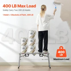 VEVOR Work Platform, 3 Gear Adjustable Height, Folding Alloy Steel Step Ladder, Portable Scaffolding Platform, 400 lb Load Capacity, Non-Slip Rubber Feet, Drywall Painting Stool, for Cleaning &Washing