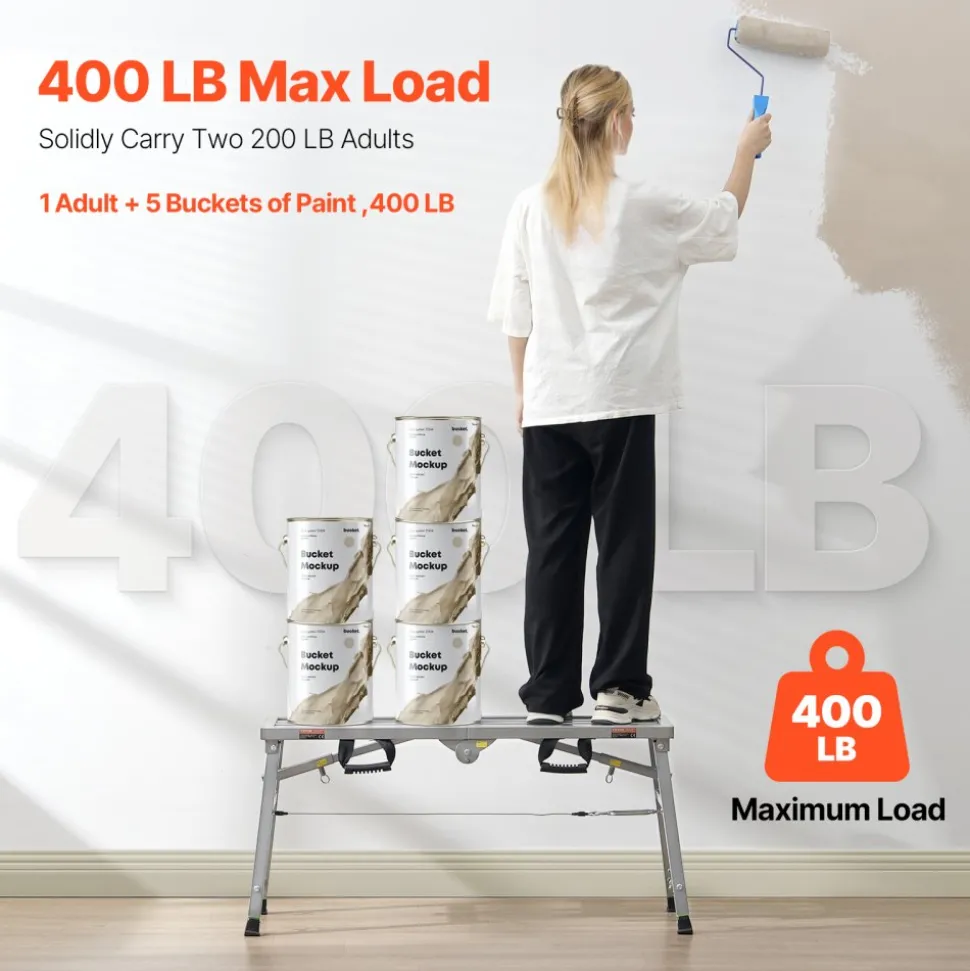 VEVOR Work Platform, 3 Gear Adjustable Height, Folding Alloy Steel Step Ladder, Portable Scaffolding Platform, 400 lb Load Capacity, Non-Slip Rubber Feet, Drywall Painting Stool, for Cleaning &Washing