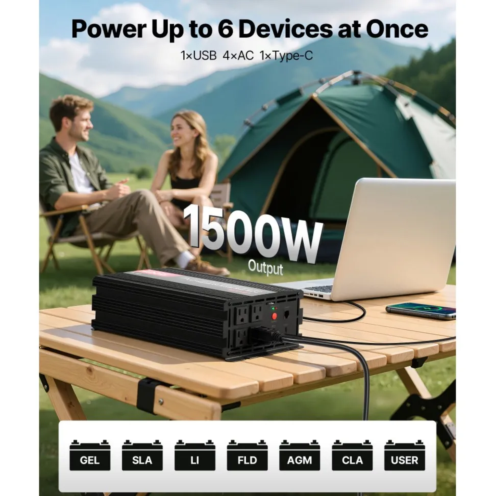 VEVOR 1500W Power Inverter, 12V DC to 120V AC Pure Sine Wave Inverter, Car Charger Converter with Remote Control, USB & Type-C Ports, 4 AC Outlets, Fast-charging for RV, Truck Outdoor Camping