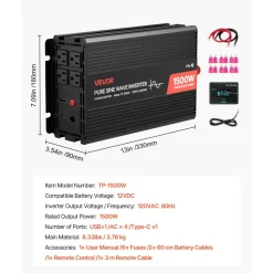 VEVOR 1500W Power Inverter, 12V DC to 120V AC Pure Sine Wave Inverter, Car Charger Converter with Remote Control, USB & Type-C Ports, 4 AC Outlets, Fast-charging for RV, Truck Outdoor Camping