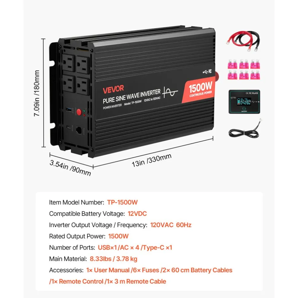 VEVOR 1500W Power Inverter, 12V DC to 120V AC Pure Sine Wave Inverter, Car Charger Converter with Remote Control, USB & Type-C Ports, 4 AC Outlets, Fast-charging for RV, Truck Outdoor Camping
