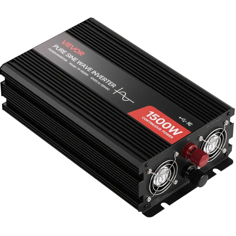 VEVOR 1500W Power Inverter, 12V DC to 120V AC Pure Sine Wave Inverter, Car Charger Converter with Remote Control, USB & Type-C Ports, 4 AC Outlets, Fast-charging for RV, Truck Outdoor Camping