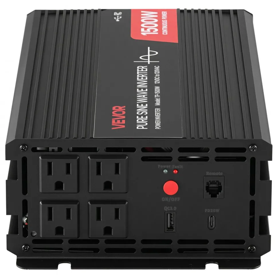 VEVOR 1500W Power Inverter, 12V DC to 120V AC Pure Sine Wave Inverter, Car Charger Converter with Remote Control, USB & Type-C Ports, 4 AC Outlets, Fast-charging for RV, Truck Outdoor Camping