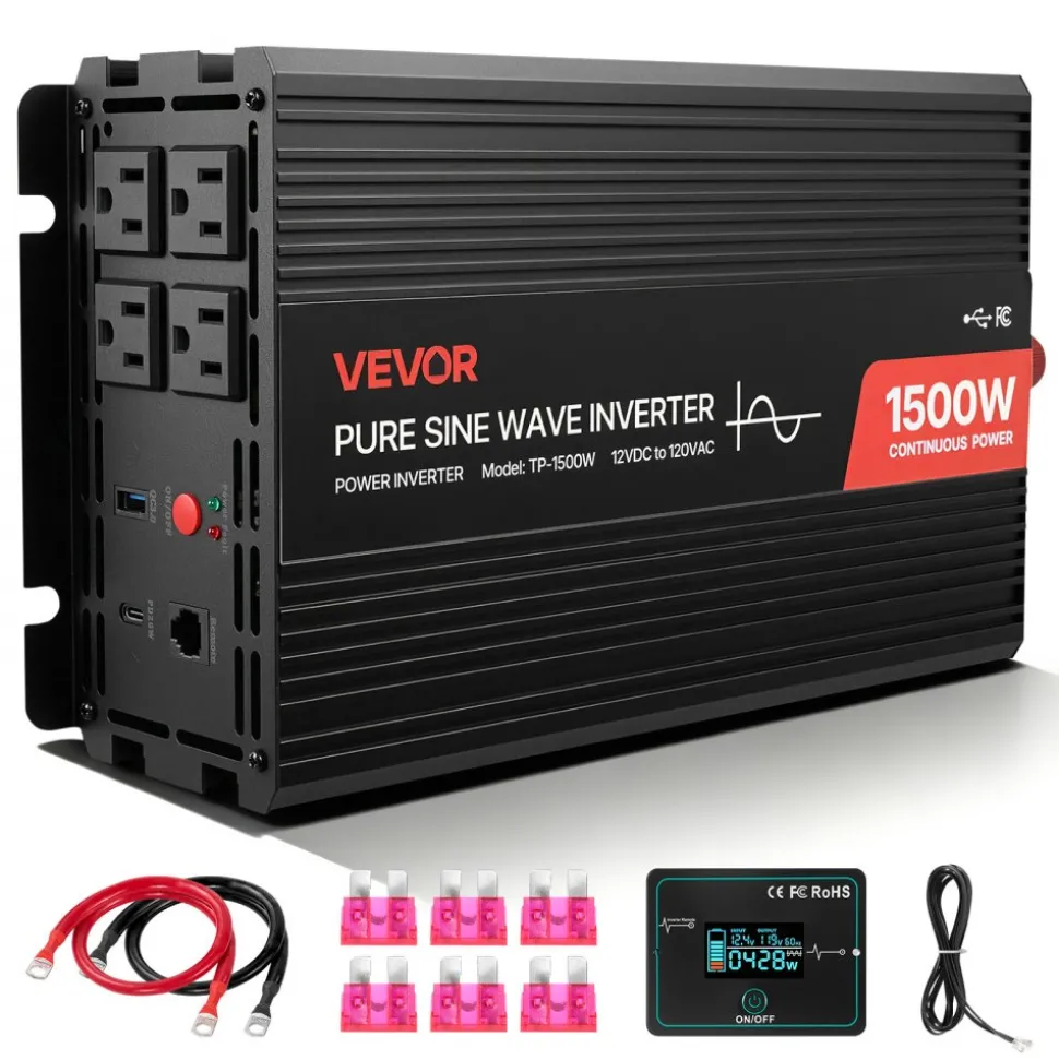 VEVOR 1500W Power Inverter, 12V DC to 120V AC Pure Sine Wave Inverter, Car Charger Converter with Remote Control, USB & Type-C Ports, 4 AC Outlets, Fast-charging for RV, Truck Outdoor Camping