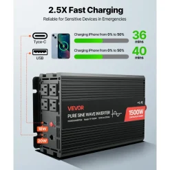VEVOR 1500W Power Inverter, 12V DC to 120V AC Pure Sine Wave Inverter, Car Charger Converter with Remote Control, USB & Type-C Ports, 4 AC Outlets, Fast-charging for RV, Truck Outdoor Camping