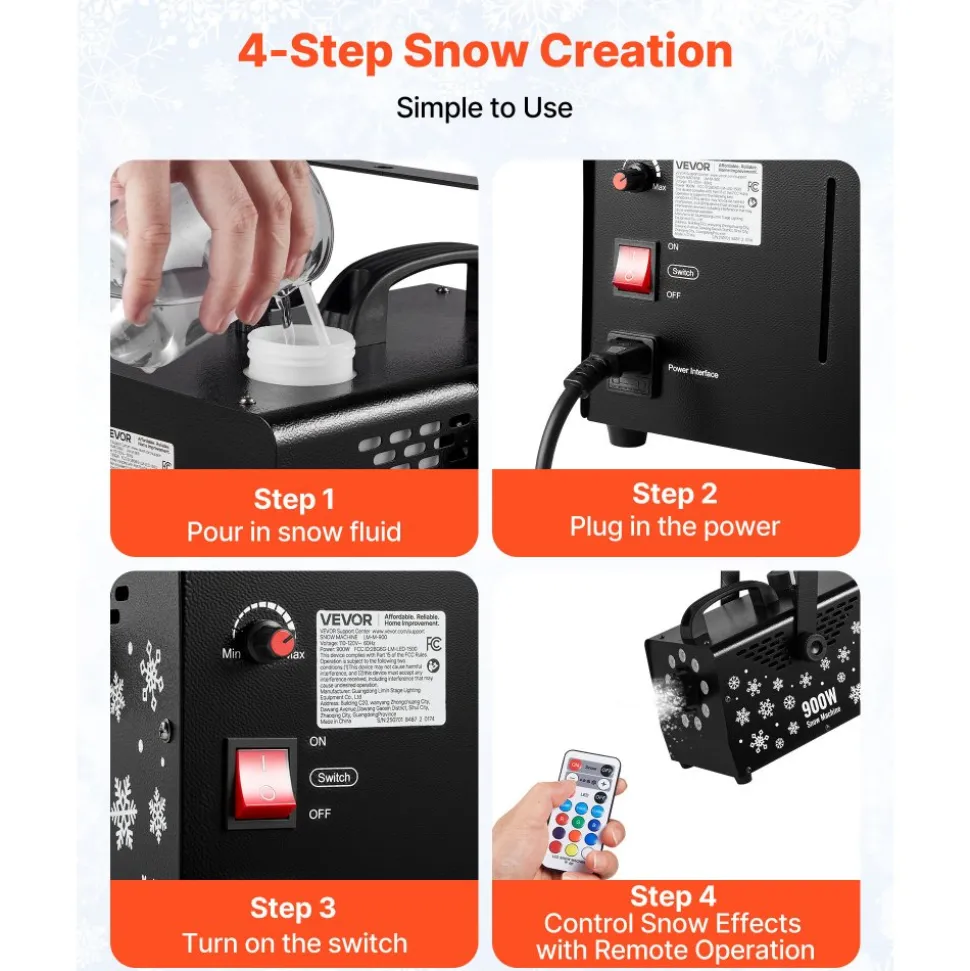 VEVOR 900W Snow Machine with 9 LED RGB Lights, 12 LED Lighting Colors, and Wireless Remote, Handheld/Hanging Outdoor Snowflake Machine Fake Snow Machines with 1L Tank for Christmas Party
