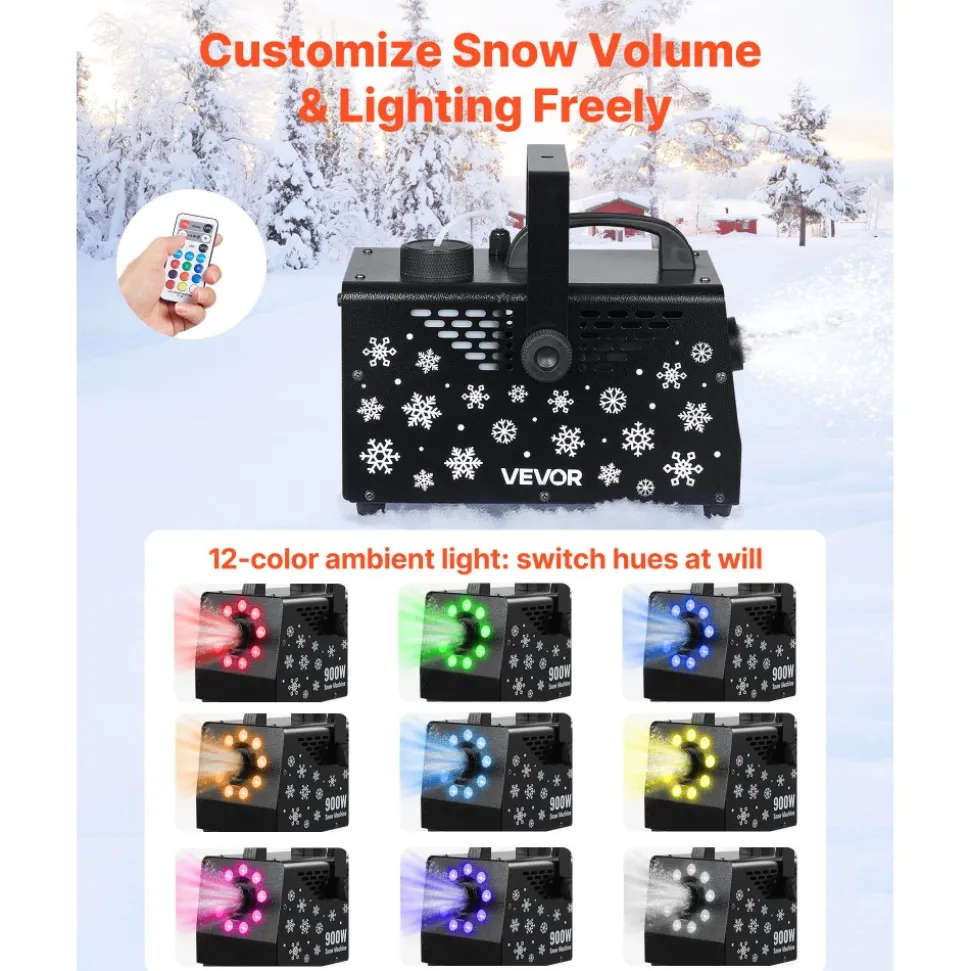 VEVOR 900W Snow Machine with 9 LED RGB Lights, 12 LED Lighting Colors, and Wireless Remote, Handheld/Hanging Outdoor Snowflake Machine Fake Snow Machines with 1L Tank for Christmas Party