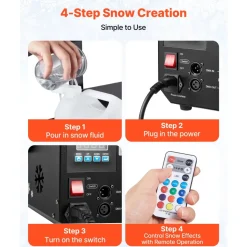 VEVOR 1500W Snow Machine with RGB DMX512 Signal Control, 9 LED Lights, Wireless Remote, High Output Snowflake Machine with 5L Tank, Portable DJ Stage Snow Maker for Christmas Parties Stage Effects