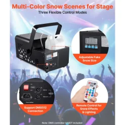 VEVOR 1500W Snow Machine with RGB DMX512 Signal Control, 9 LED Lights, Wireless Remote, High Output Snowflake Machine with 5L Tank, Portable DJ Stage Snow Maker for Christmas Parties Stage Effects