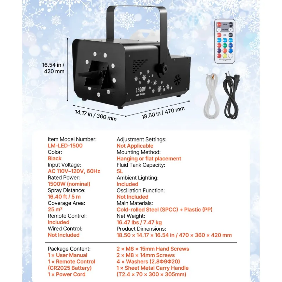 VEVOR 1500W Snow Machine with RGB DMX512 Signal Control, 9 LED Lights, Wireless Remote, High Output Snowflake Machine with 5L Tank, Portable DJ Stage Snow Maker for Christmas Parties Stage Effects