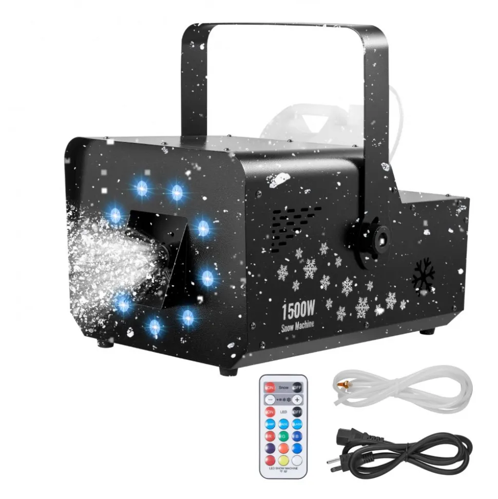VEVOR 1500W Snow Machine with RGB DMX512 Signal Control, 9 LED Lights, Wireless Remote, High Output Snowflake Machine with 5L Tank, Portable DJ Stage Snow Maker for Christmas Parties Stage Effects