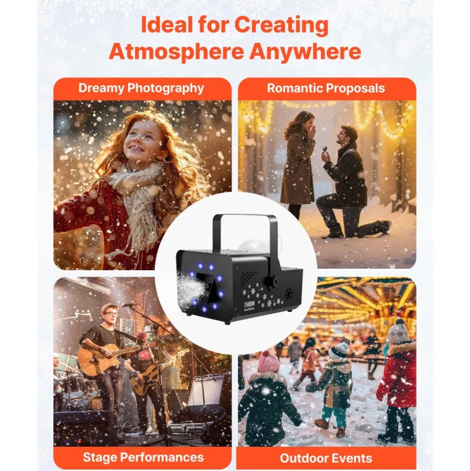 VEVOR 1500W Snow Machine with RGB DMX512 Signal Control, 9 LED Lights, Wireless Remote, High Output Snowflake Machine with 5L Tank, Portable DJ Stage Snow Maker for Christmas Parties Stage Effects