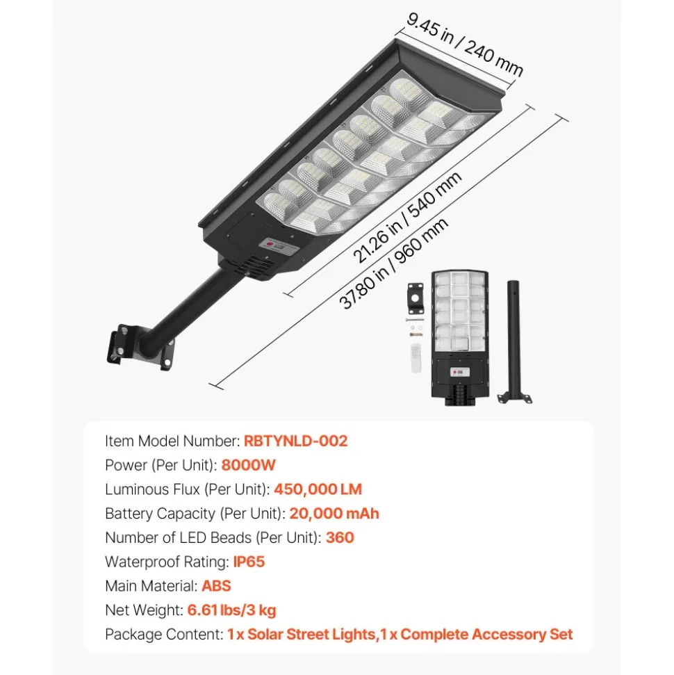 VEVOR 8000W Solar Street Light Outdoor, 450000LM, Commercial Parking Lot Light Dusk to Dawn, LED Flood Security Lamp with Motion Sensor, IP65 Waterproof Outdoor Lighting, for Driveway Yard, 1 Pack