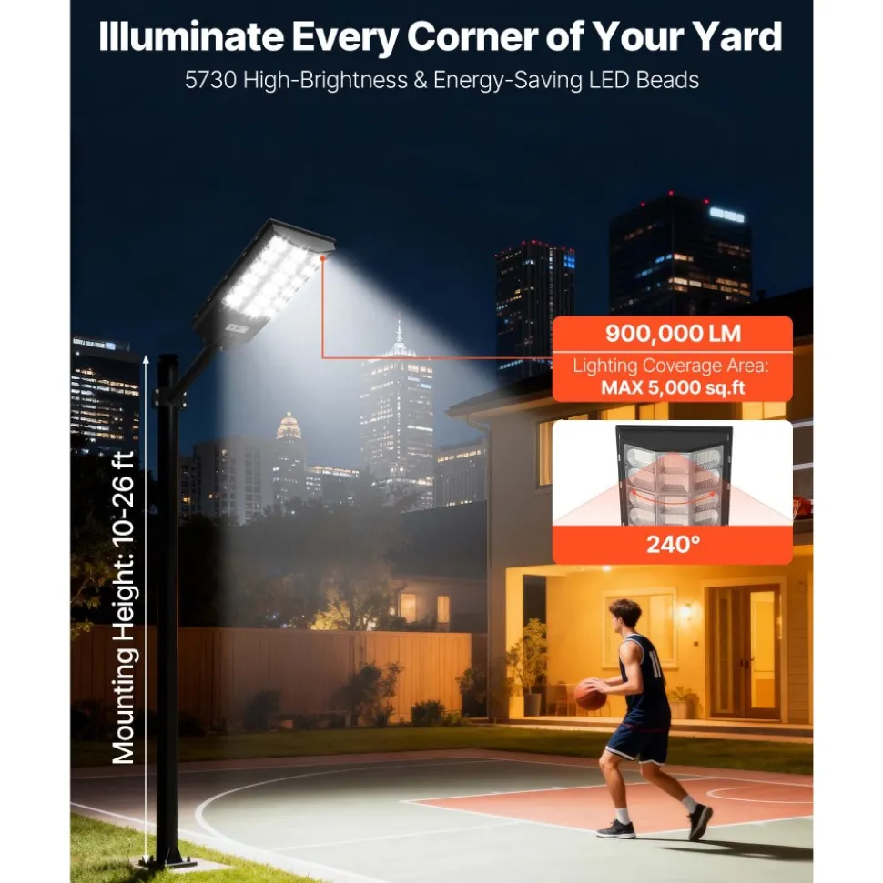 VEVOR 12000W Solar Street Light Outdoor, 900000LM, Commercial Parking Lot Light Dusk to Dawn, LED Flood Security Lamp with Motion Sensor, IP65 Waterproof Wide Angle Outdoor Lighting, for Driveway Yard