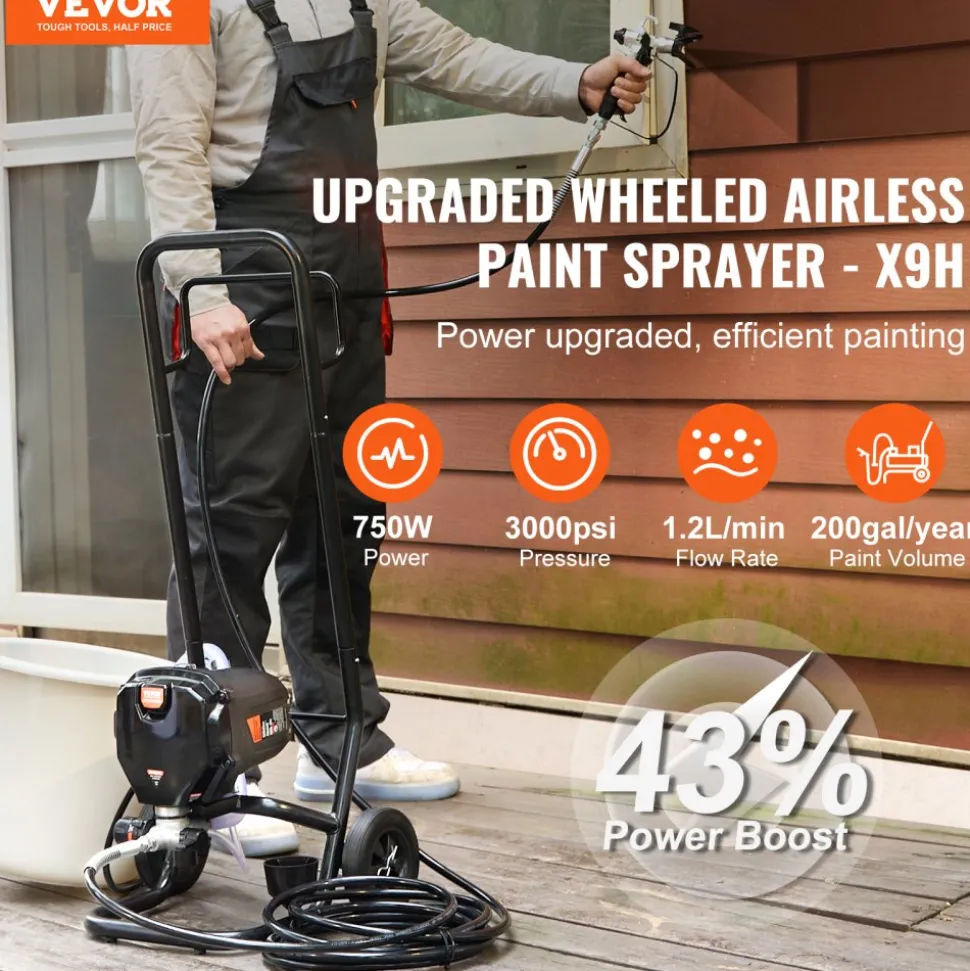 VEVOR 750W Stand Airless Paint Sprayer, 3000PSI High Efficiency Electric Airless Sprayer With Cart, Paint Sprayers for Home Interior and Exterior Furniture and Fences, Fine And Even Painting Effect