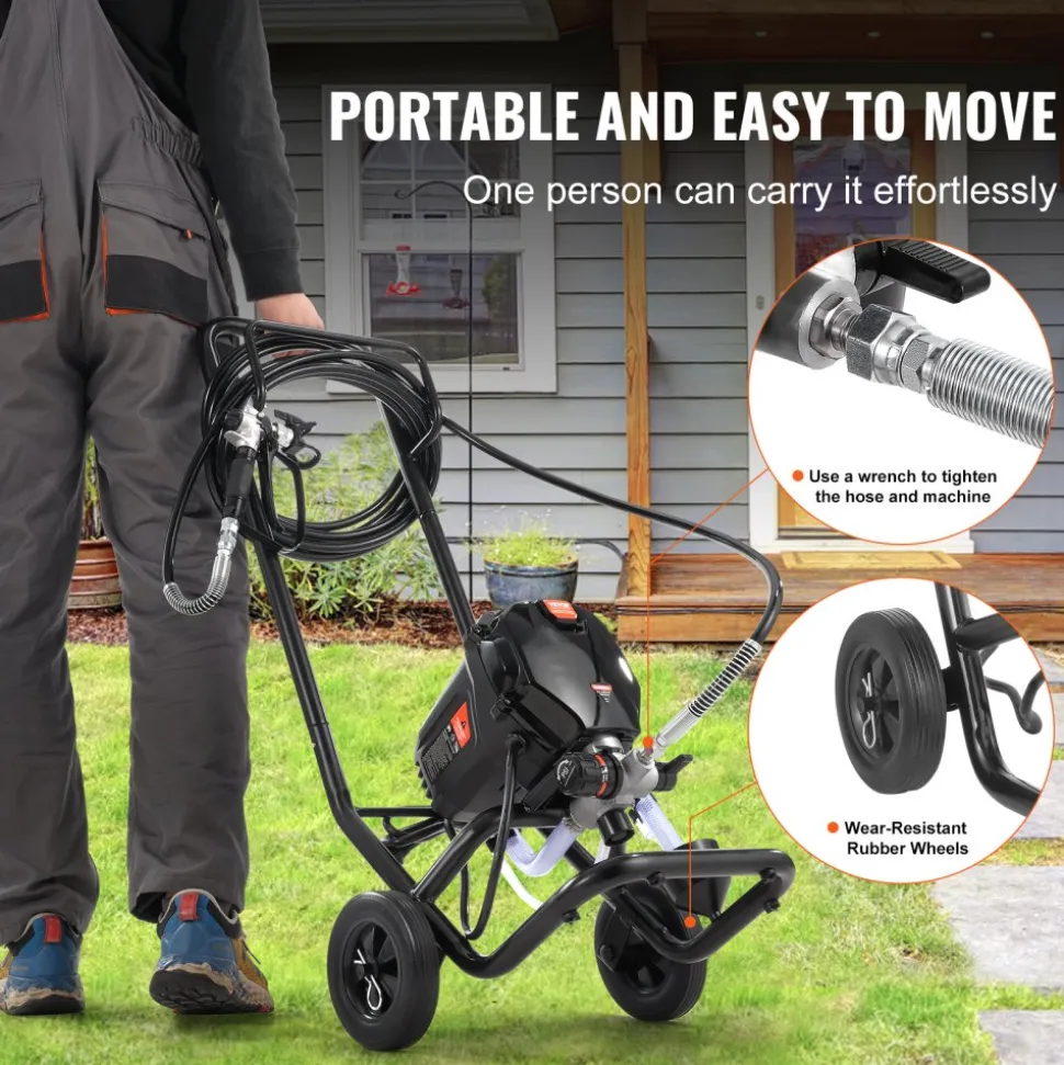 VEVOR 750W Stand Airless Paint Sprayer, 3000PSI High Efficiency Electric Airless Sprayer With Cart, Paint Sprayers for Home Interior and Exterior Furniture and Fences, Fine And Even Painting Effect