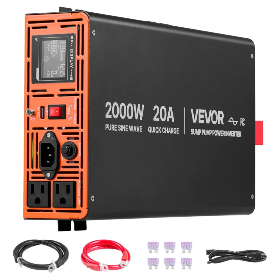 VEVOR 2000W Sump Pump Battery Backup System, LCD Display, Auto Switches to Battery Inverter Power for Sump Pump, Pure Sine Wave, for Basement Protection Emergency Power Outage, Batteries Not Included