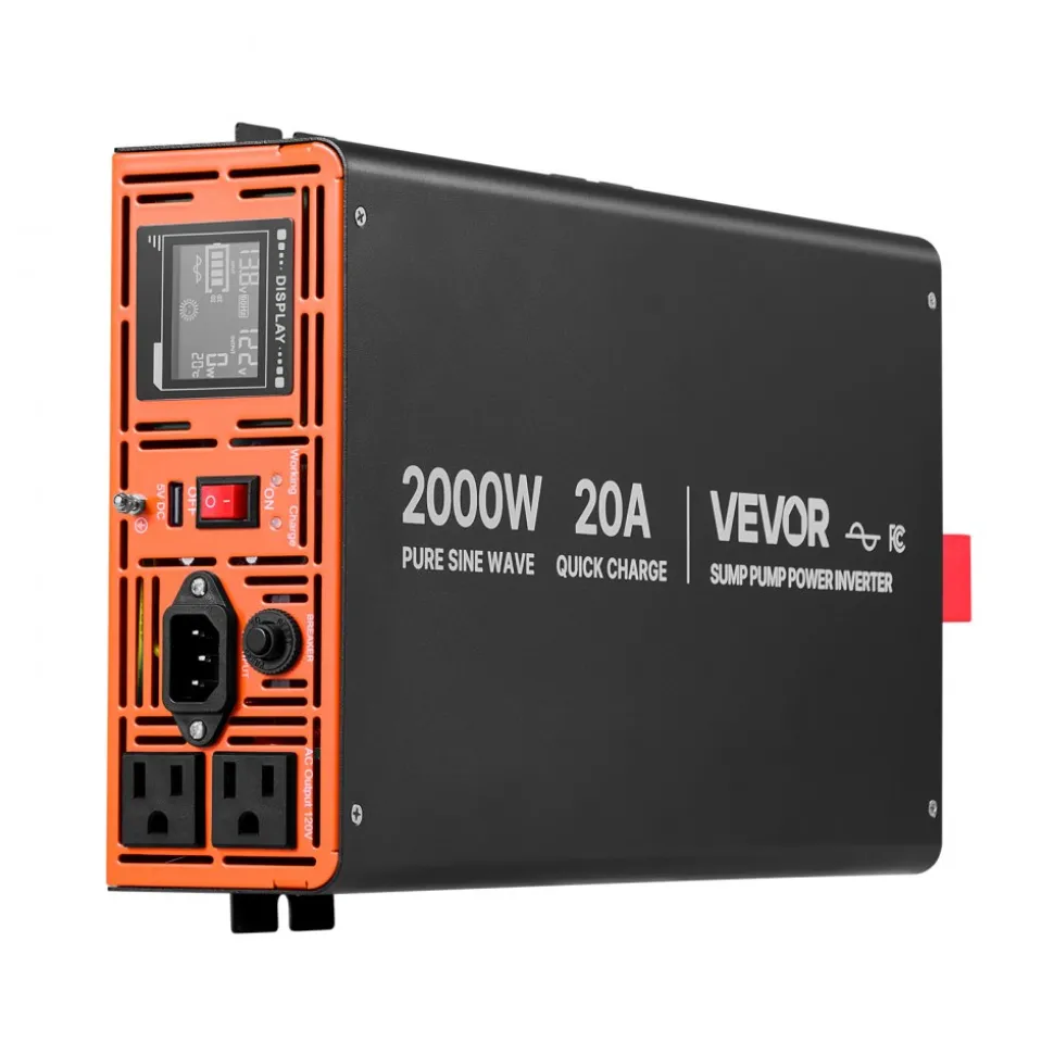 VEVOR 2000W Sump Pump Battery Backup System, LCD Display, Auto Switches to Battery Inverter Power for Sump Pump, Pure Sine Wave, for Basement Protection Emergency Power Outage, Batteries Not Included