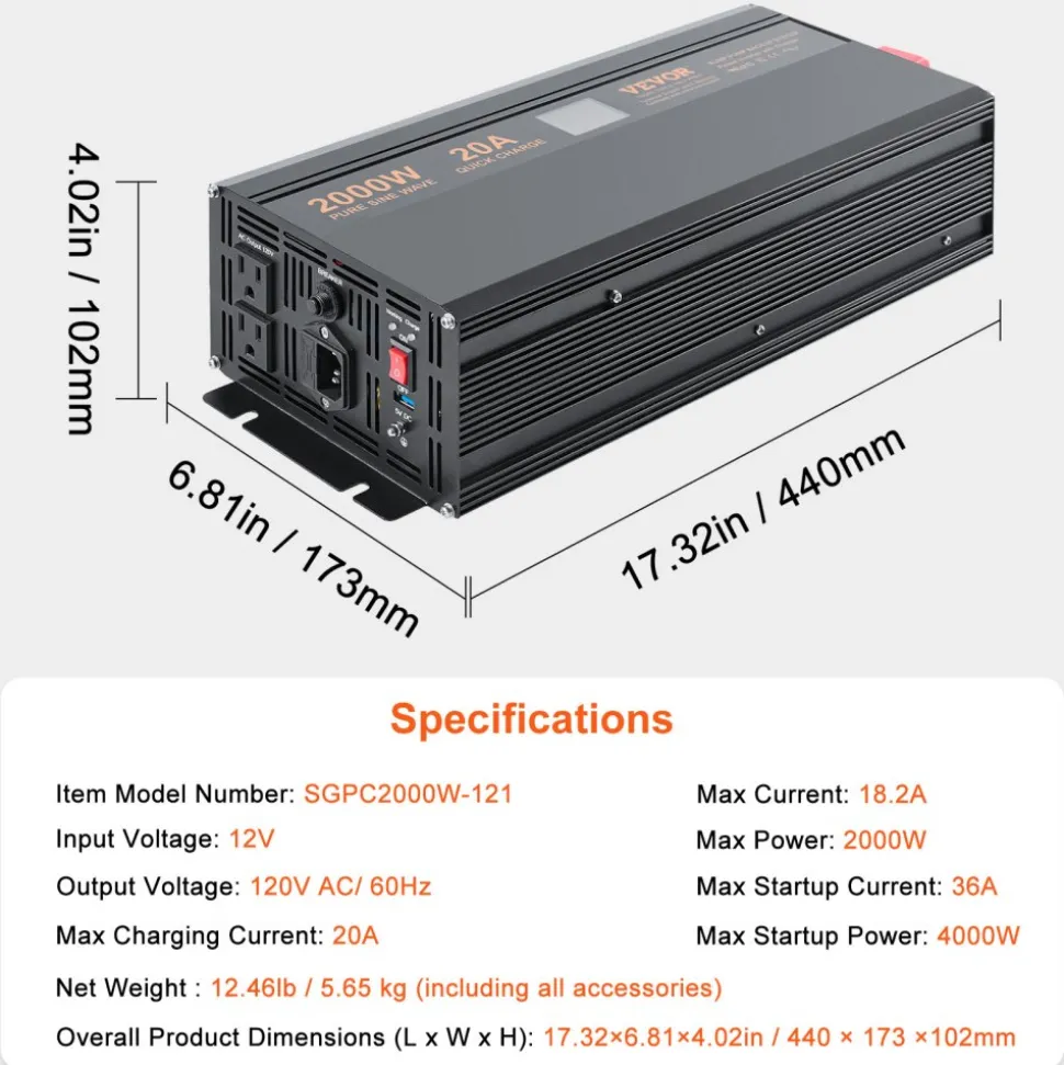 VEVOR 2000W Sump Pump Battery Backup with LCD, Automatically Shifts to Inverter Power Ensuring Uninterrupted Operation, Essential for Emergencies & Power Failures