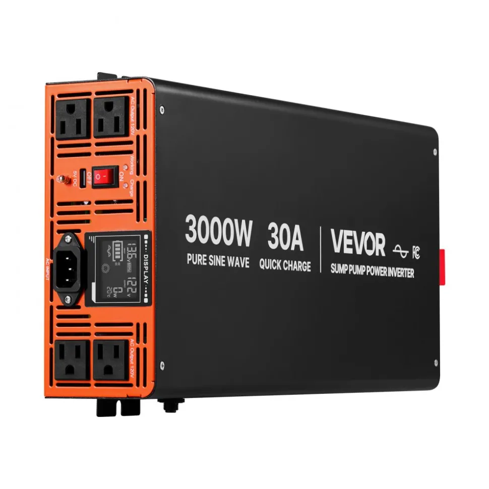 VEVOR 3000W Sump Pump Battery Backup System, LCD Display, Auto Switches to Battery Inverter Power for Sump Pump, Pure Sine Wave, for Basement Protection Emergency Power Outage, Batteries Not Included