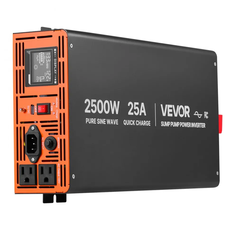 VEVOR 2500W Sump Pump Battery Backup System, LCD Display, Auto Switches to Battery Inverter Power for Sump Pump, Pure Sine Wave, for Basement Protection Emergency Power Outage, Batteries Not Included