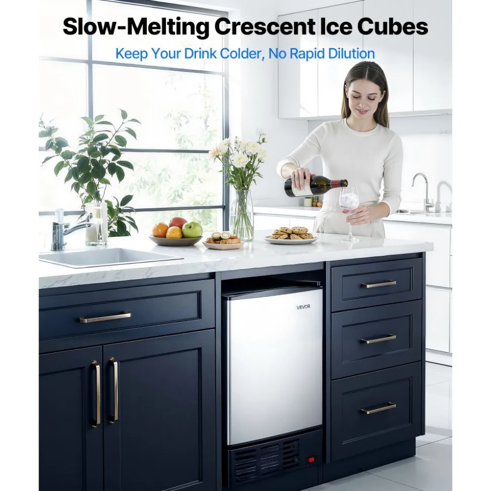 VEVOR 15" W Under Counter Ice Maker, 15 LBS/Day Crescent Ice Maker Built-in with 11LBS Storage Bin & Reversible Door, Freestanding Ice-Making Machine for Commercial Home Kitchens - No Drain Required