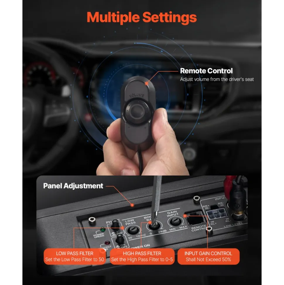 VEVOR 8" 400W Underseat Car Subwoofer, Slim Powered Car Subwoofers Under the Seat, Low Profile Audio Sub Built-in Amplifier, High/Low Level Input & Volume Controller for SUVs, Car, Truck, RV
