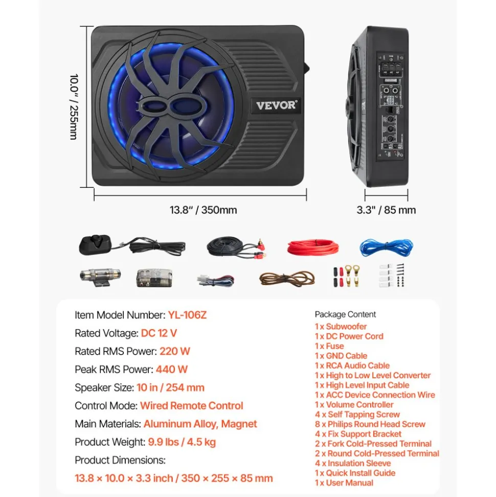 VEVOR 8" 400W Underseat Car Subwoofer, Slim Powered Car Subwoofers Under the Seat, Low Profile Audio Sub Built-in Amplifier, High/Low Level Input & Volume Controller for SUVs, Car, Truck, RV