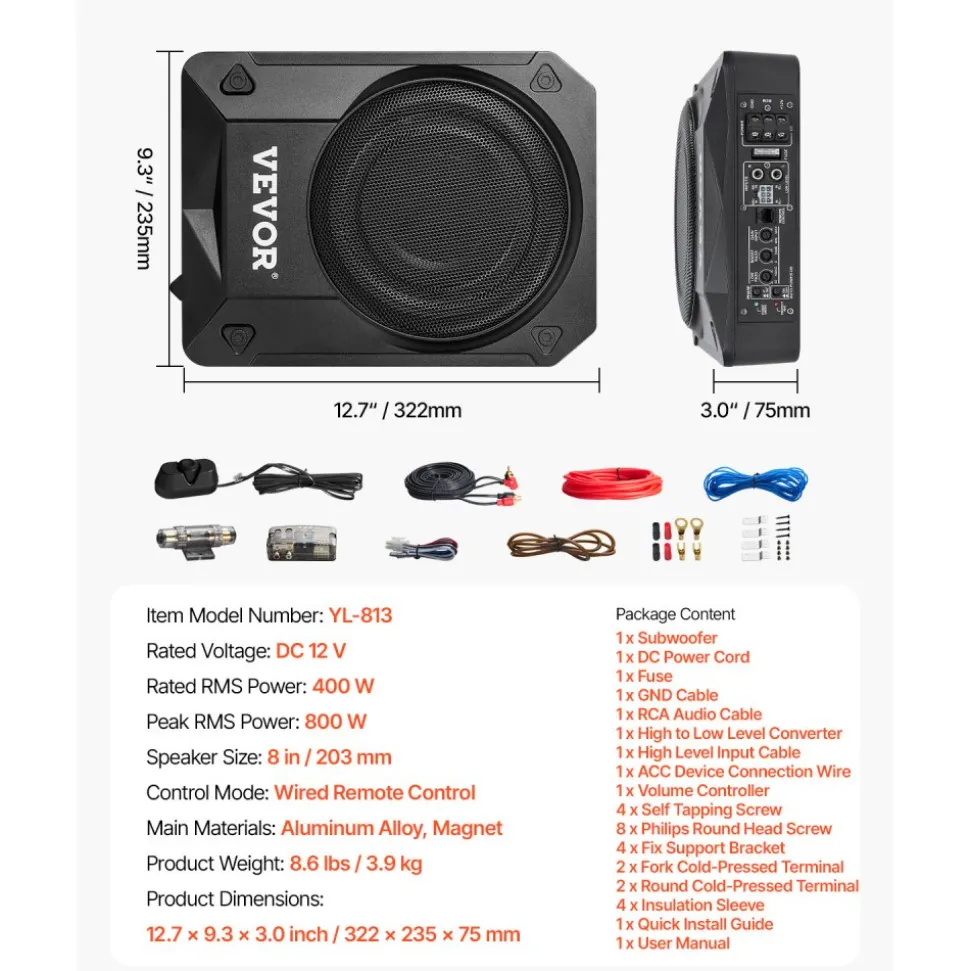 VEVOR 8" 800W Underseat Car Subwoofer, Slim Powered Car Subwoofers Under the Seat, Low Profile Audio Sub Built-in Amplifier, High/Low Level Input & Volume Controller for SUVs, Car, Truck, RV