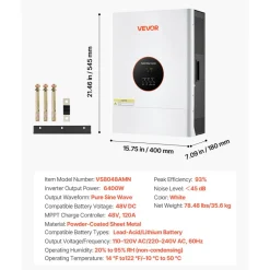 VEVOR 6000W 48V Hybrid Solar Inverter, 120V/240V Split Phase, Built-in 120A MPPT Solar Controller, Low Frequency Pure Sine Wave Power Inverter Charger, for Lead Acid Lithium Battery Off-Grid Systems