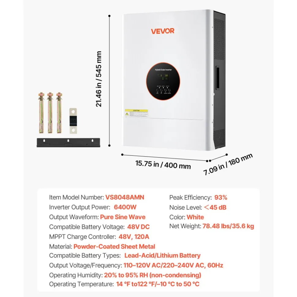 VEVOR 6000W 48V Hybrid Solar Inverter, 120V/240V Split Phase, Built-in 120A MPPT Solar Controller, Low Frequency Pure Sine Wave Power Inverter Charger, for Lead Acid Lithium Battery Off-Grid Systems