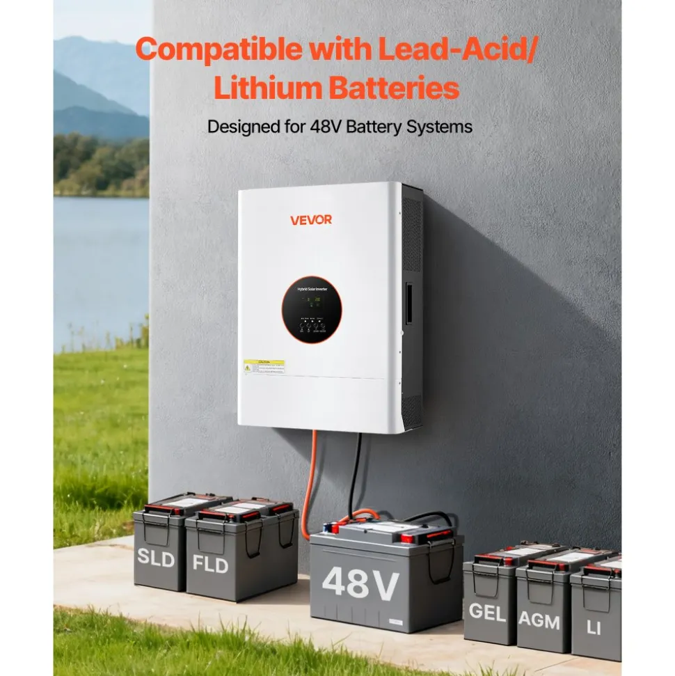VEVOR 6000W 48V Hybrid Solar Inverter, 120V/240V Split Phase, Built-in 120A MPPT Solar Controller, Low Frequency Pure Sine Wave Power Inverter Charger, for Lead Acid Lithium Battery Off-Grid Systems