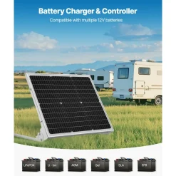 VEVOR 50W 12V Solar Battery Trickle Charger Maintainer, Mono Solar Panel Battery Charger with Upgraded MPPT Controller & Adjustable Mount Bracket, IP65 Waterproof for Car Boat RV Trailer House Roof