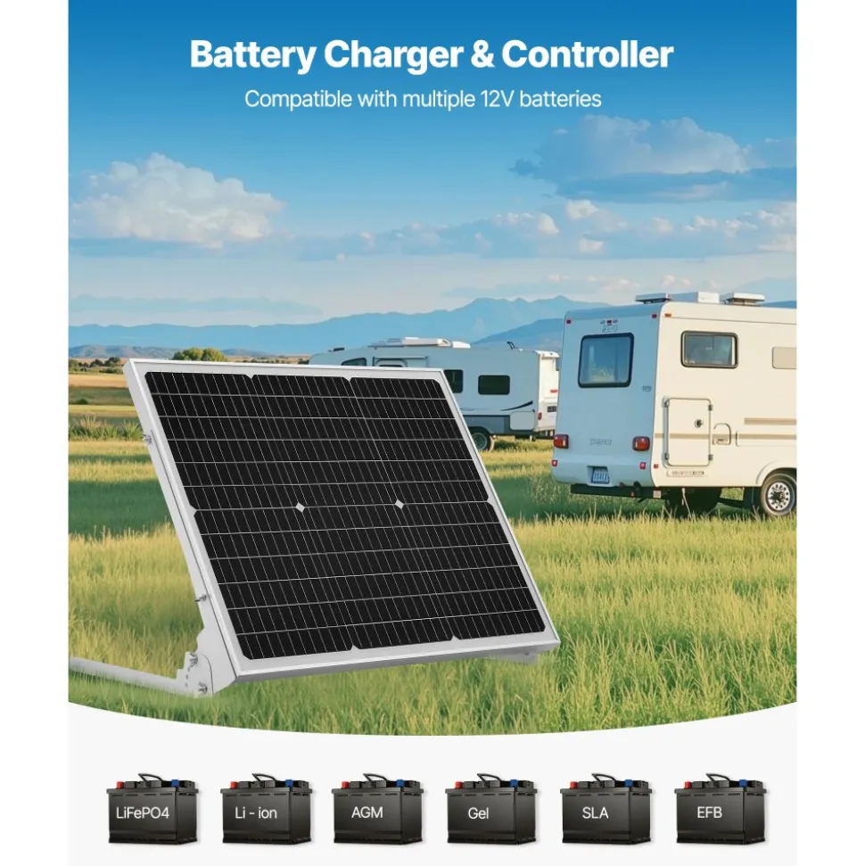 VEVOR 50W 12V Solar Battery Trickle Charger Maintainer, Mono Solar Panel Battery Charger with Upgraded MPPT Controller & Adjustable Mount Bracket, IP65 Waterproof for Car Boat RV Trailer House Roof