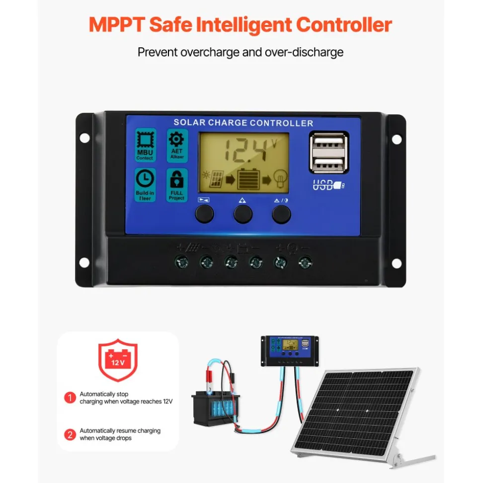 VEVOR 50W 12V Solar Battery Trickle Charger Maintainer, Mono Solar Panel Battery Charger with Upgraded MPPT Controller & Adjustable Mount Bracket, IP65 Waterproof for Car Boat RV Trailer House Roof