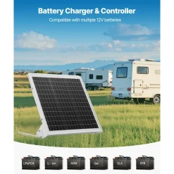VEVOR 20W 12V Solar Battery Trickle Charger Maintainer, Mono Solar Panel Battery Charger with Built-in MPPT Controller & Adjustable Mount Bracket, IP65 Waterproof for Car Boat RV Trailer House Roof
