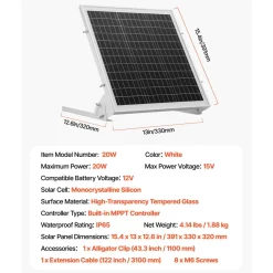 VEVOR 20W 12V Solar Battery Trickle Charger Maintainer, Mono Solar Panel Battery Charger with Built-in MPPT Controller & Adjustable Mount Bracket, IP65 Waterproof for Car Boat RV Trailer House Roof